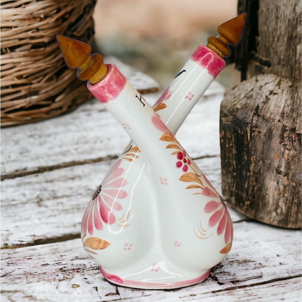 HB Quimper France Pottery Attached Oil and Vinegar Cruet Bottle Pink Floral T575